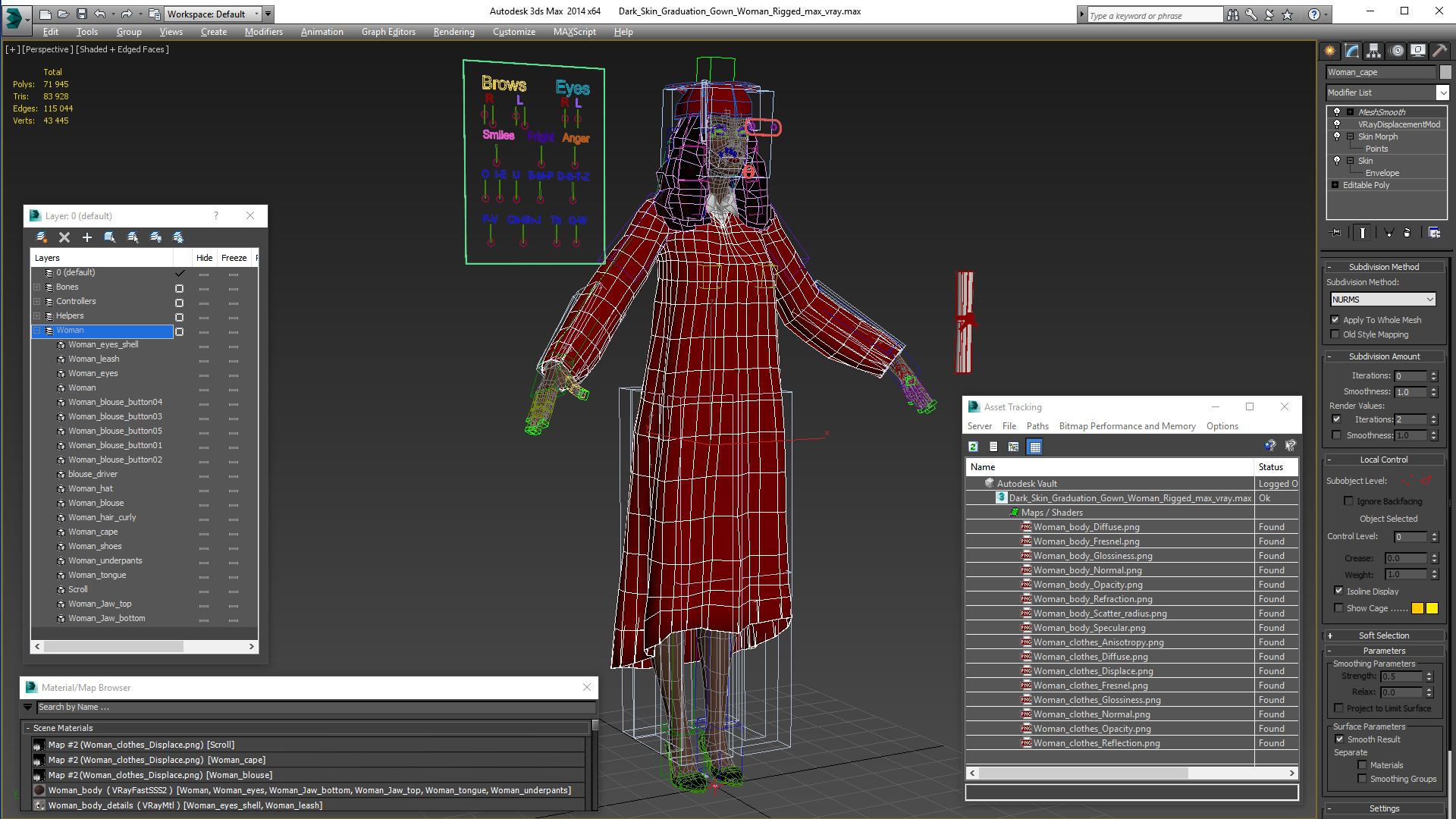 3D Dark Skin Graduation Gown Woman Rigged model