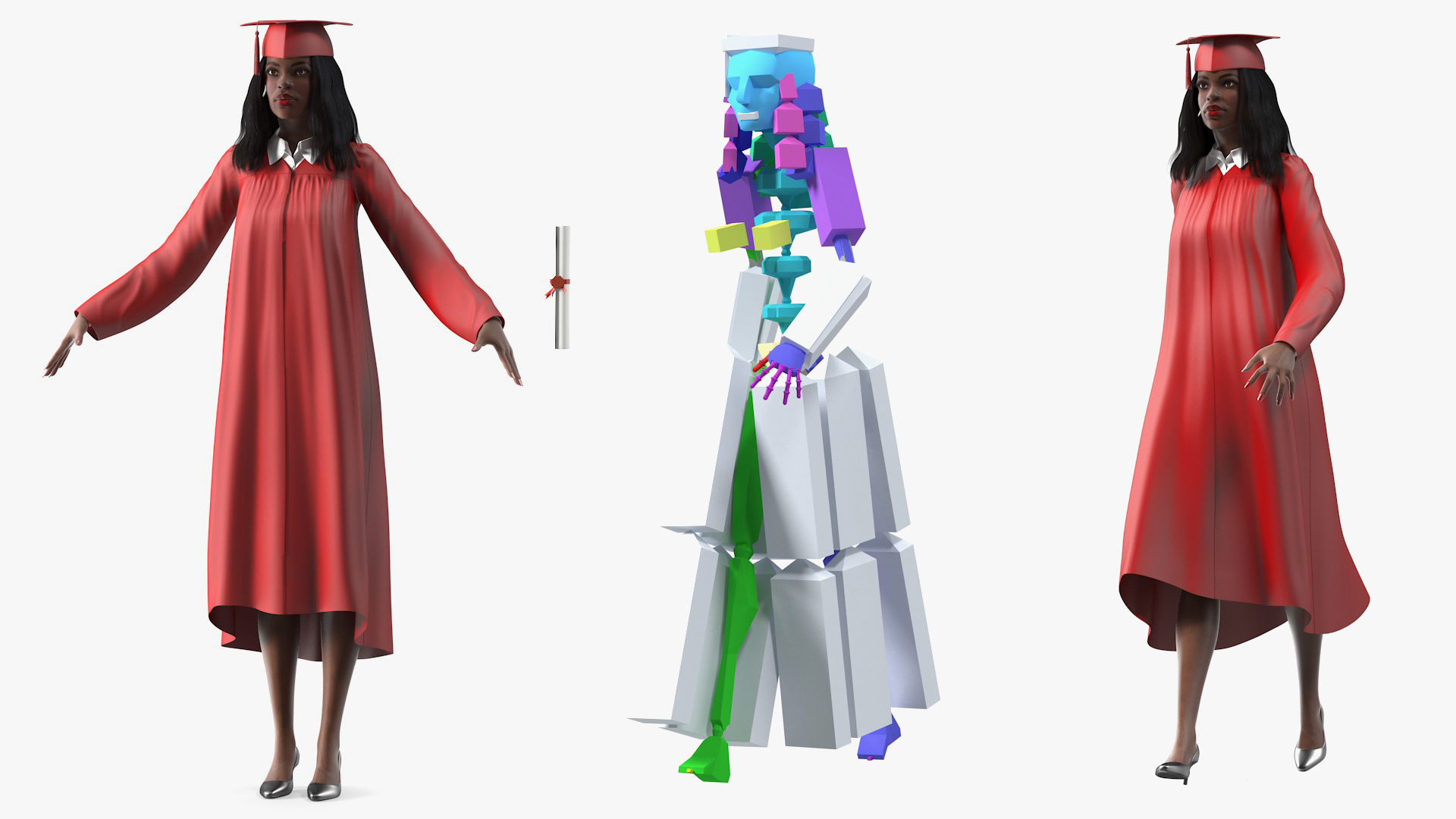 3D Dark Skin Graduation Gown Woman Rigged model