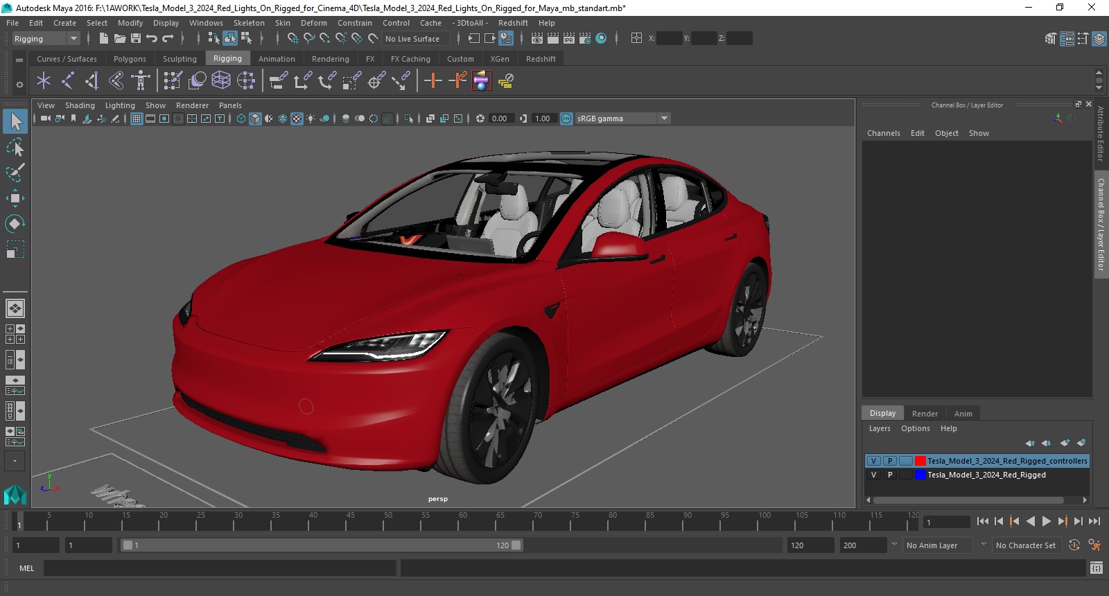 3D Tesla Model 3 2024 Red Lights On Rigged for Maya model
