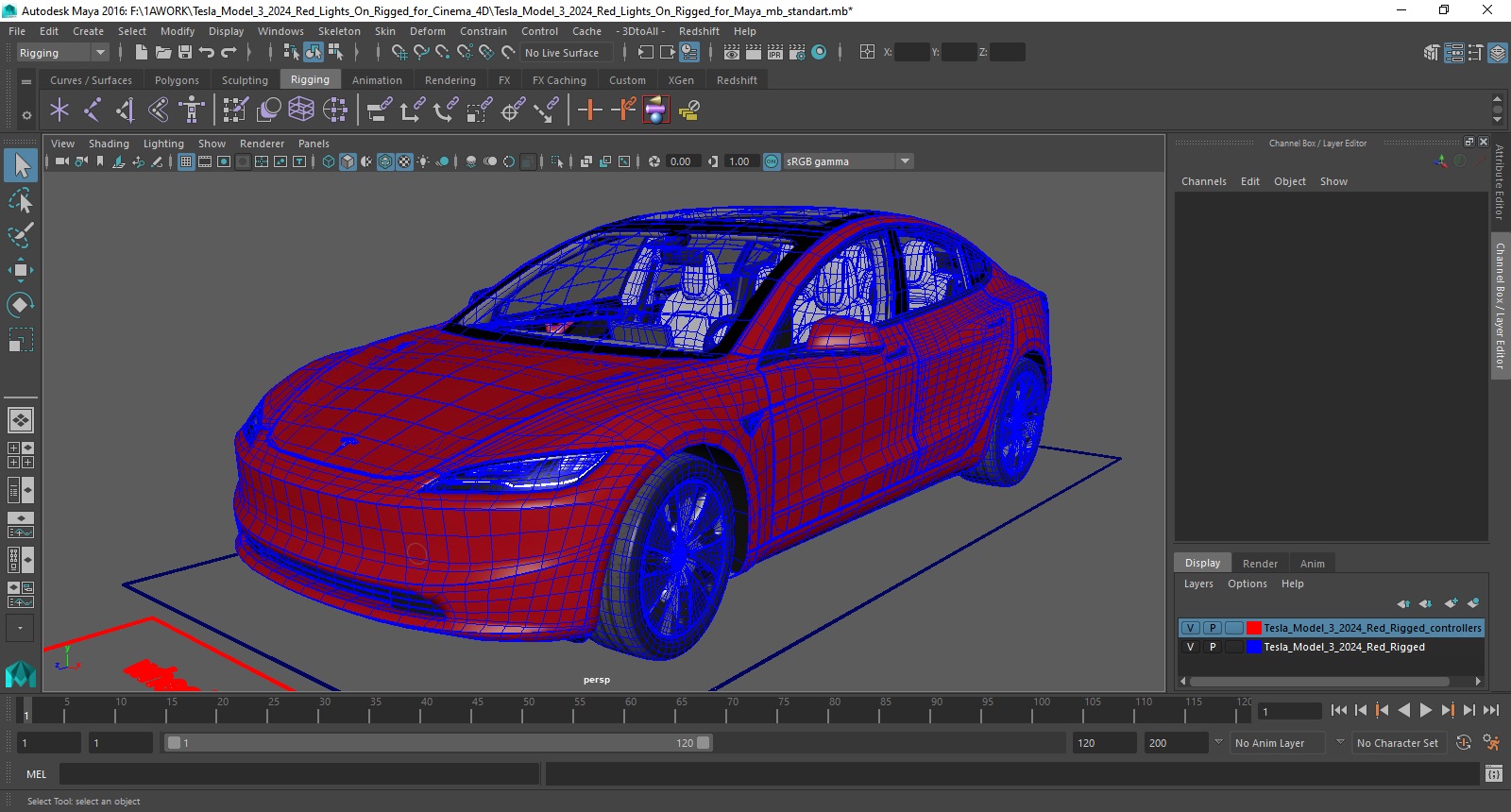 3D Tesla Model 3 2024 Red Lights On Rigged for Maya model