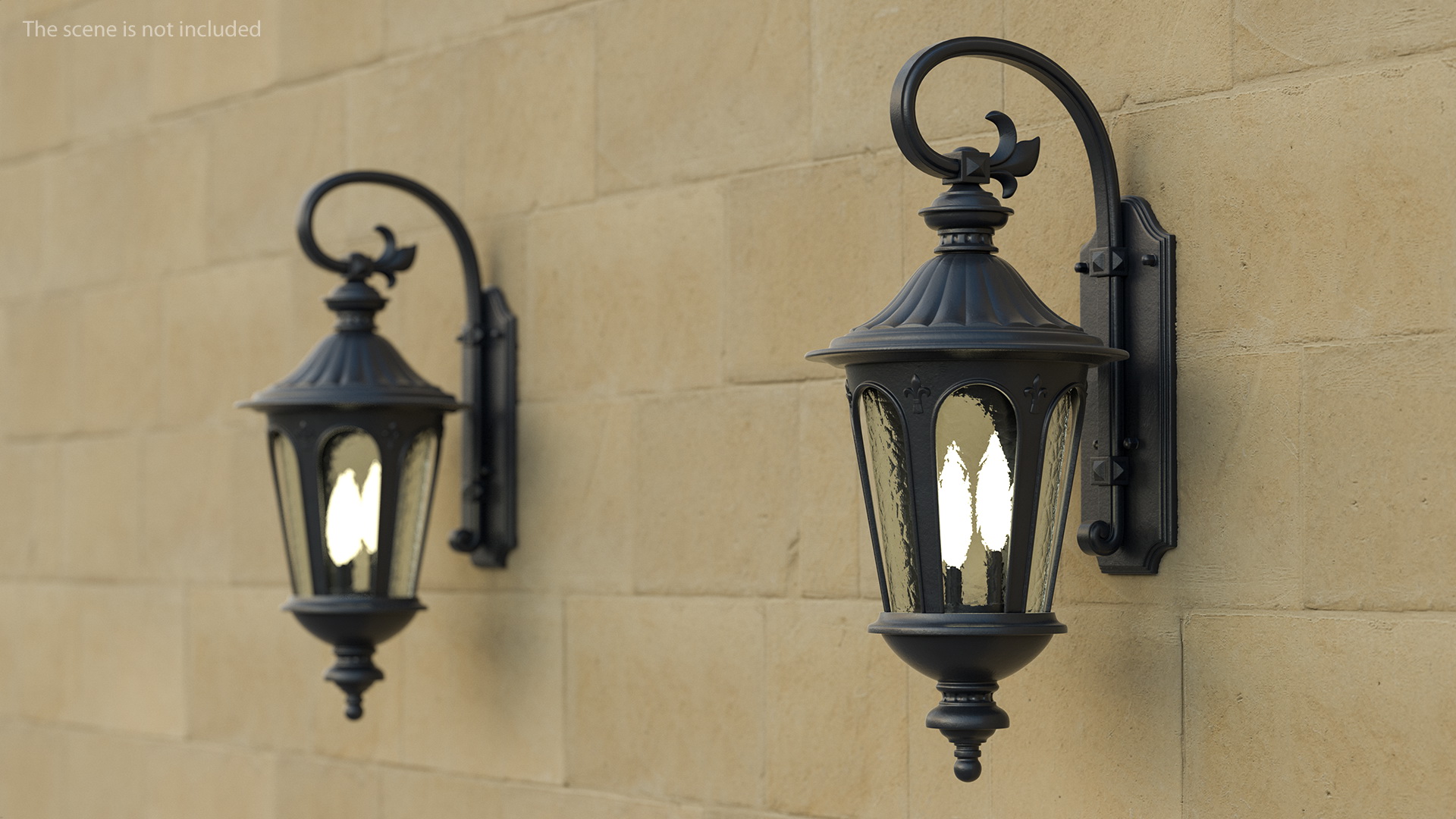 3D Black Vintage Outdoor Wall Lantern Switched On