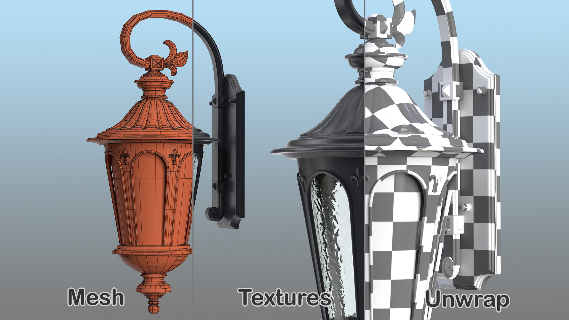 3D Black Vintage Outdoor Wall Lantern Switched On