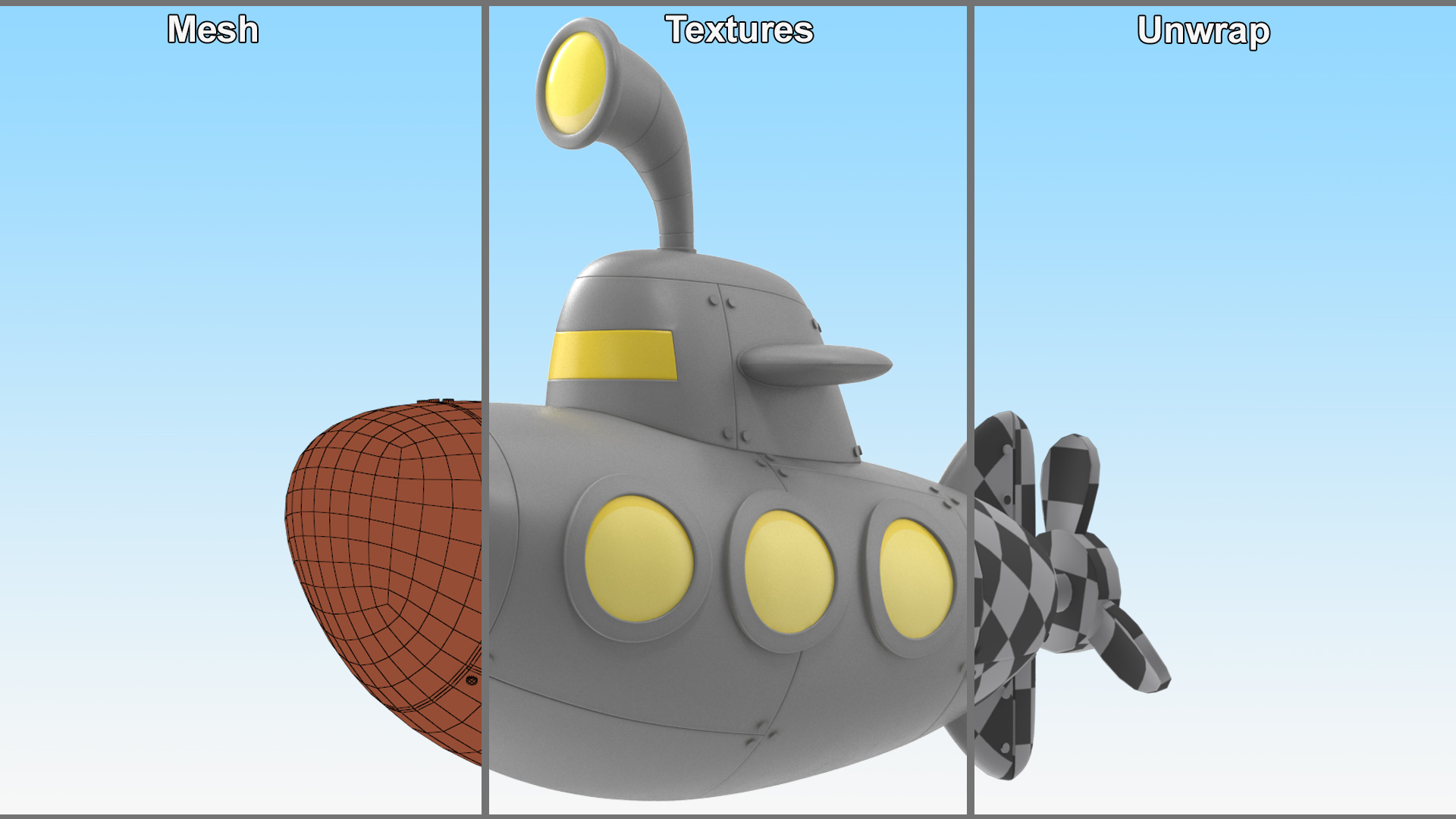 Submarine Cartoon Grey Rigged 3D model