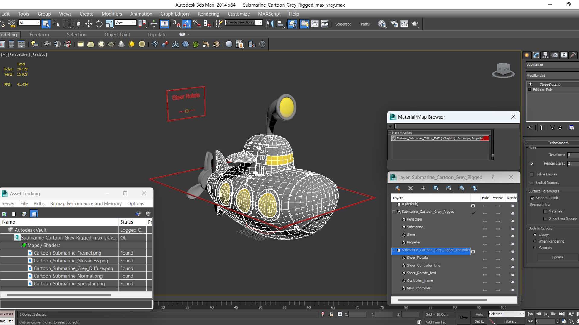 Submarine Cartoon Grey Rigged 3D model
