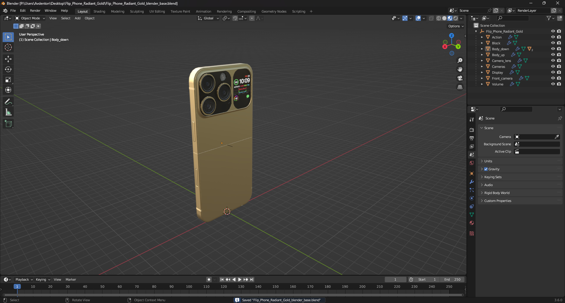 3D Flip Phone Radiant Gold model