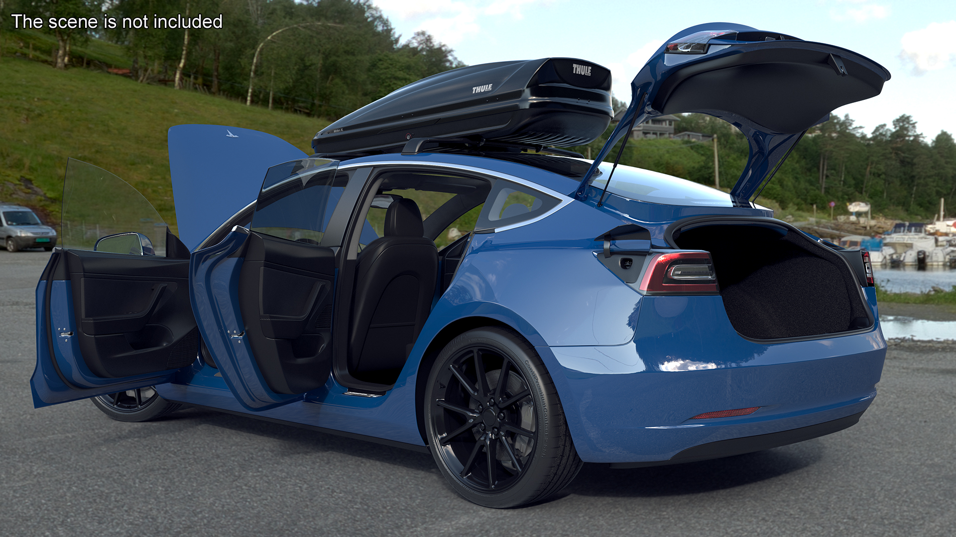 3D Tesla with Thule Car Roofbox on Roof Rack