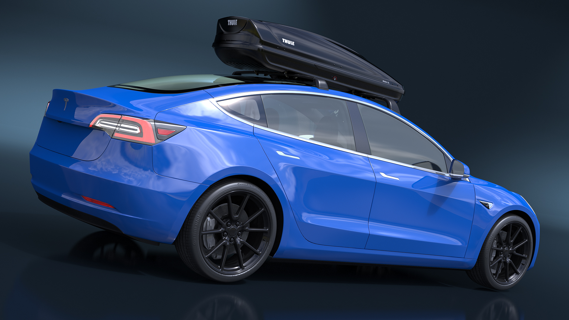 3D Tesla with Thule Car Roofbox on Roof Rack