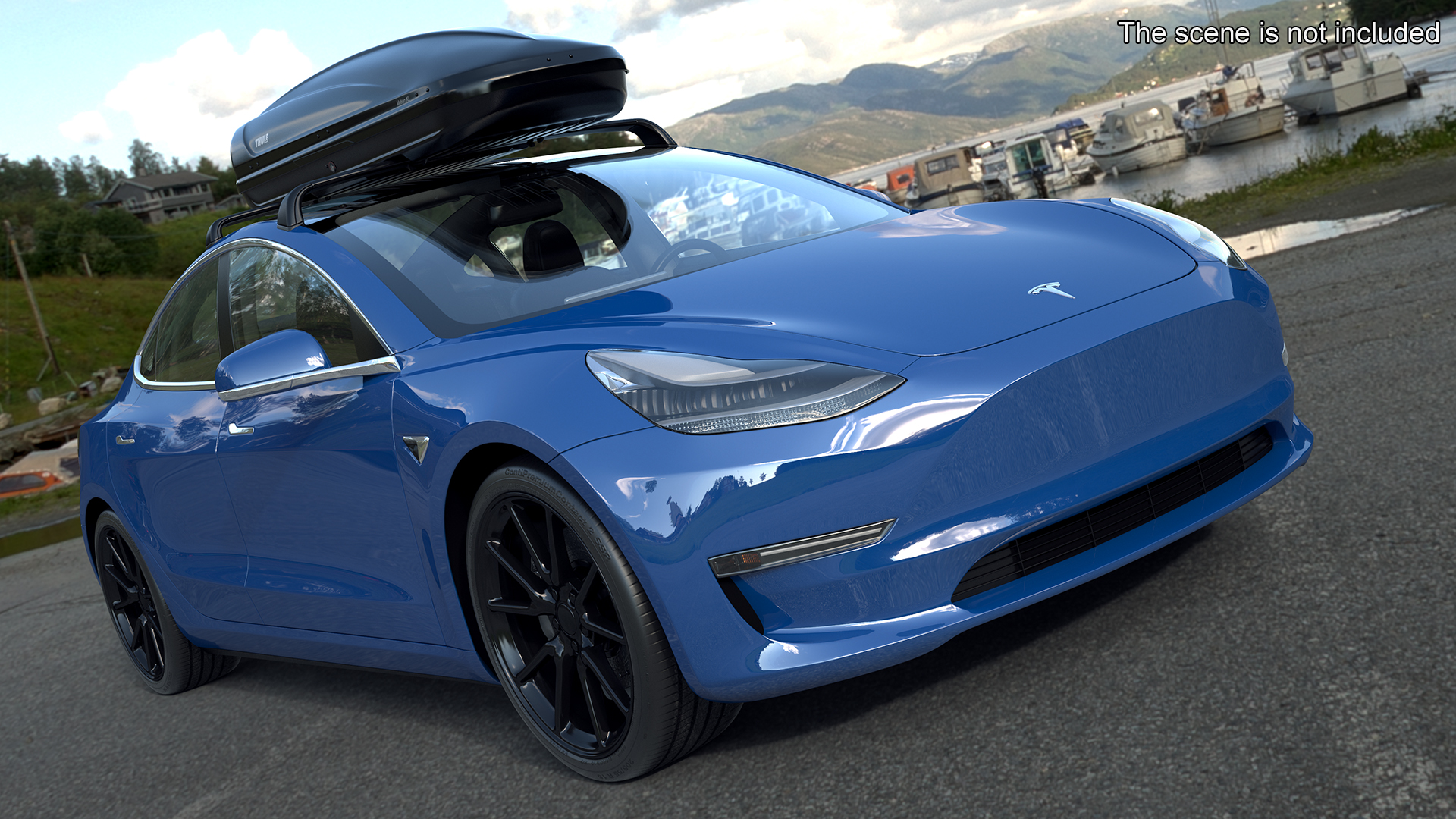 3D Tesla with Thule Car Roofbox on Roof Rack