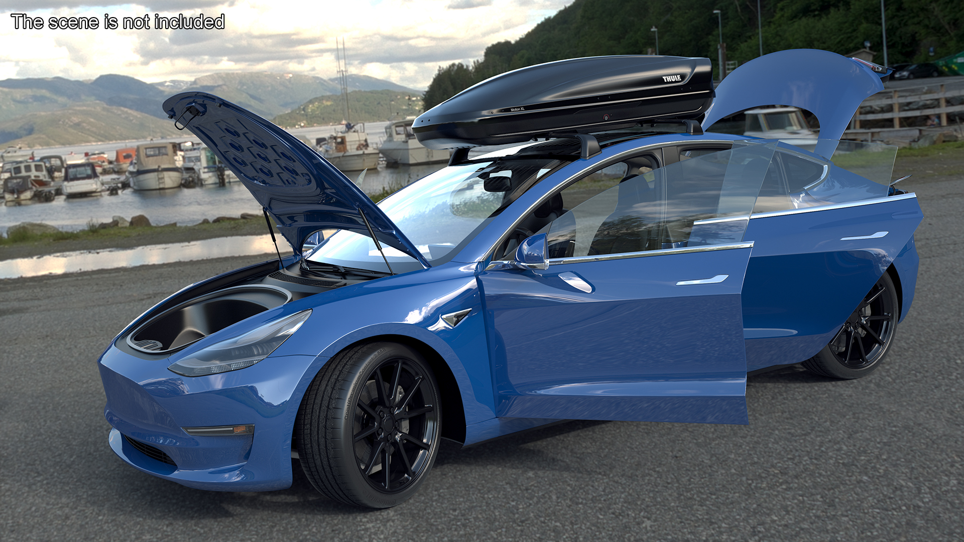 3D Tesla with Thule Car Roofbox on Roof Rack