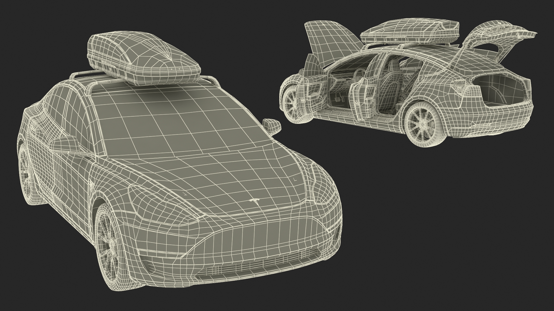 3D Tesla with Thule Car Roofbox on Roof Rack