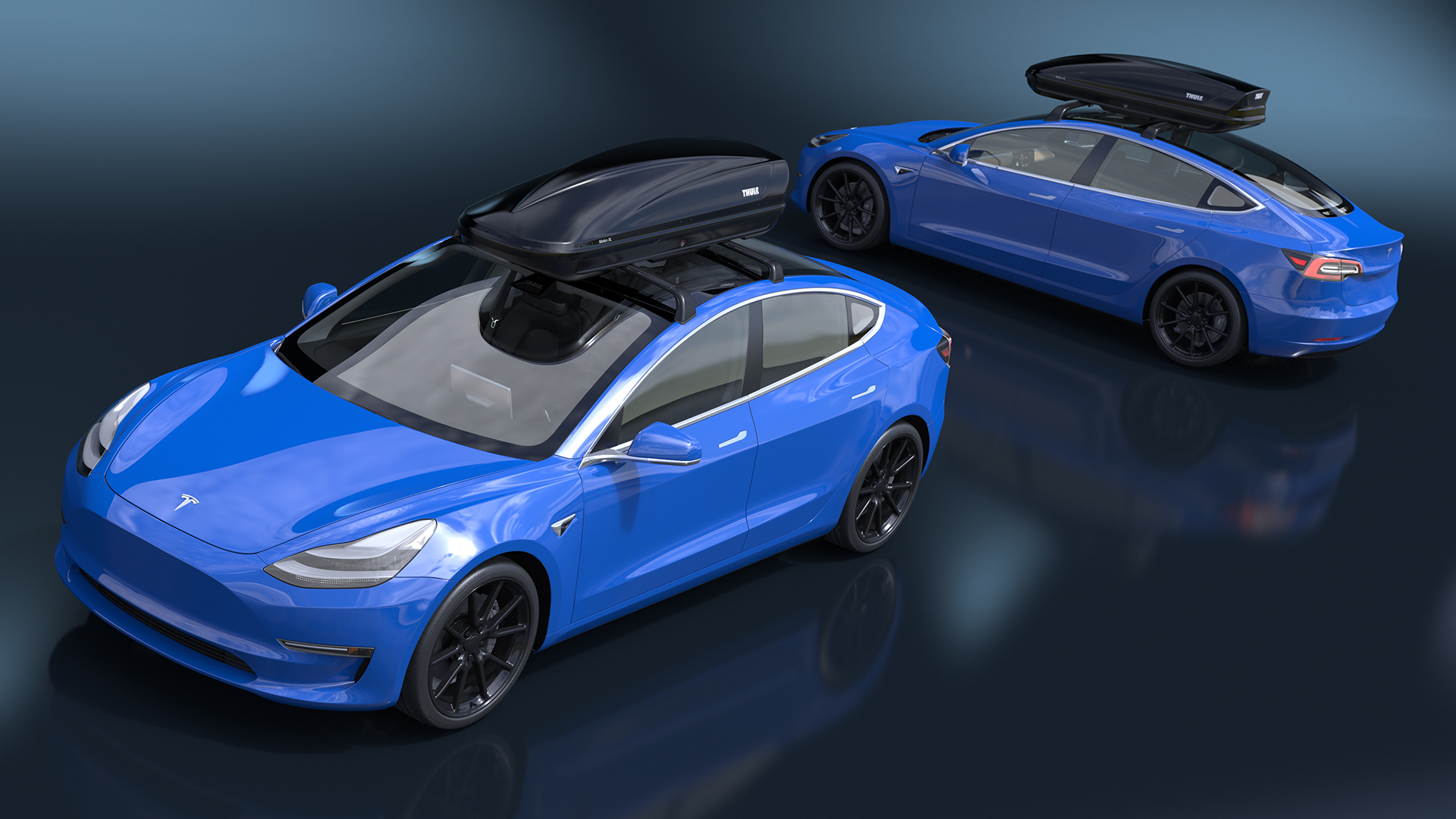 3D Tesla with Thule Car Roofbox on Roof Rack