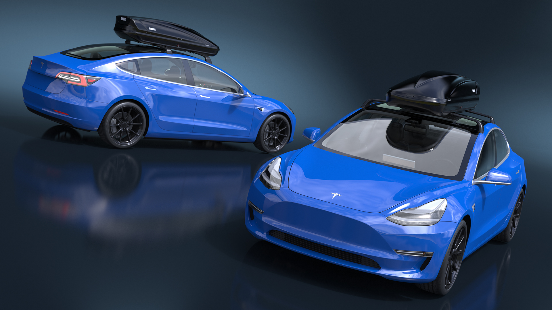 3D Tesla with Thule Car Roofbox on Roof Rack