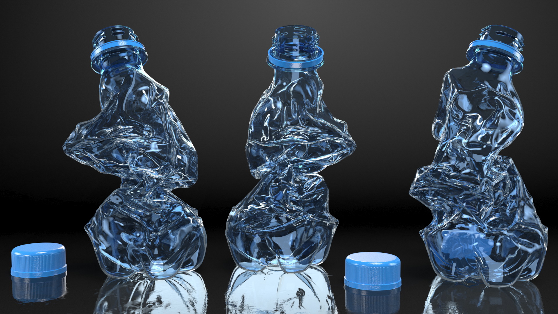 3D model Upright Crushed Empty Plastic Bottle Blue with Cap