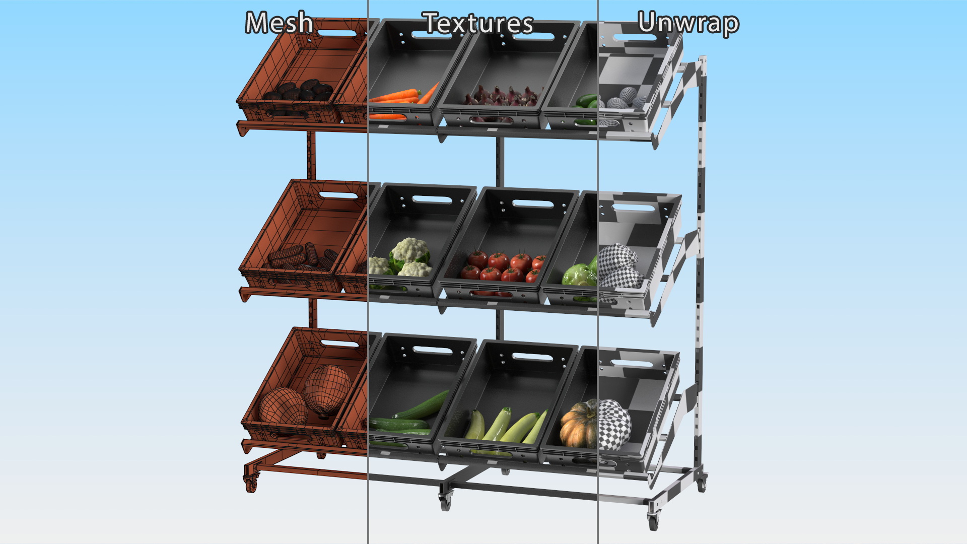 Fresh Vegetables on Display Rack 3D