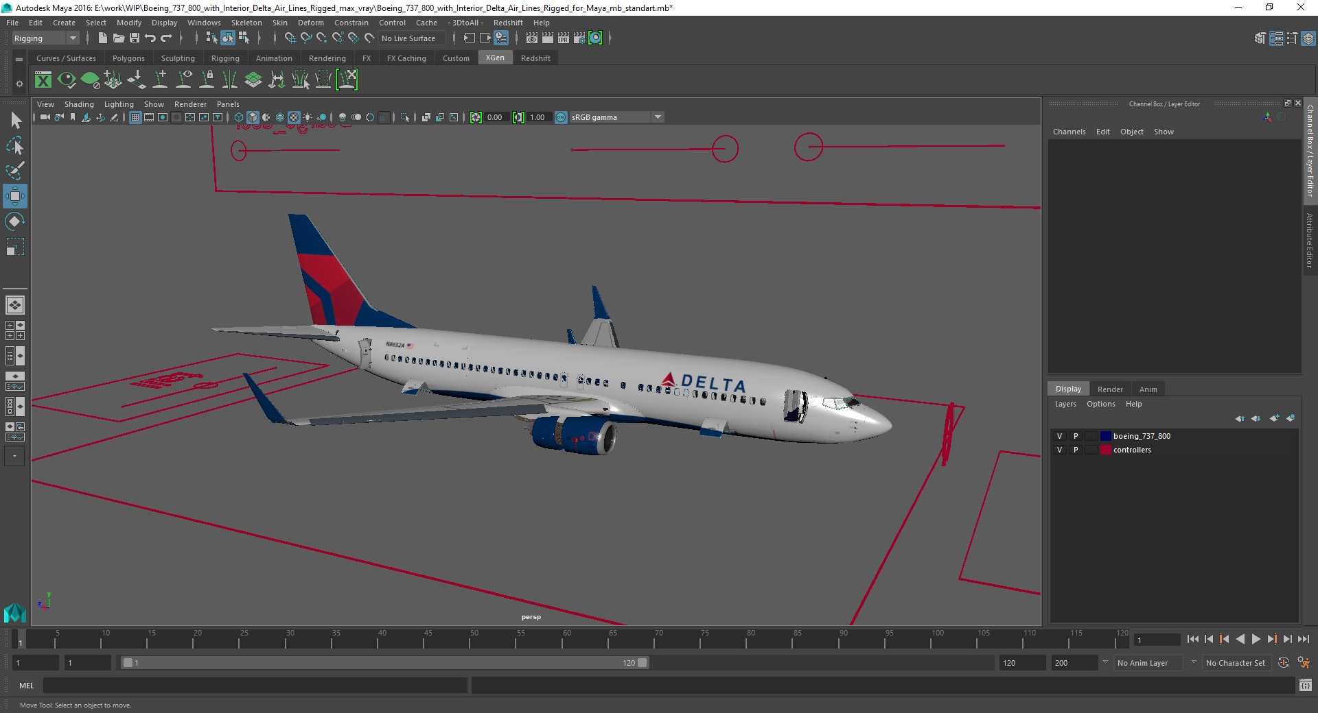 3D model Boeing 737 800 with Interior Delta Air Lines Rigged for Maya
