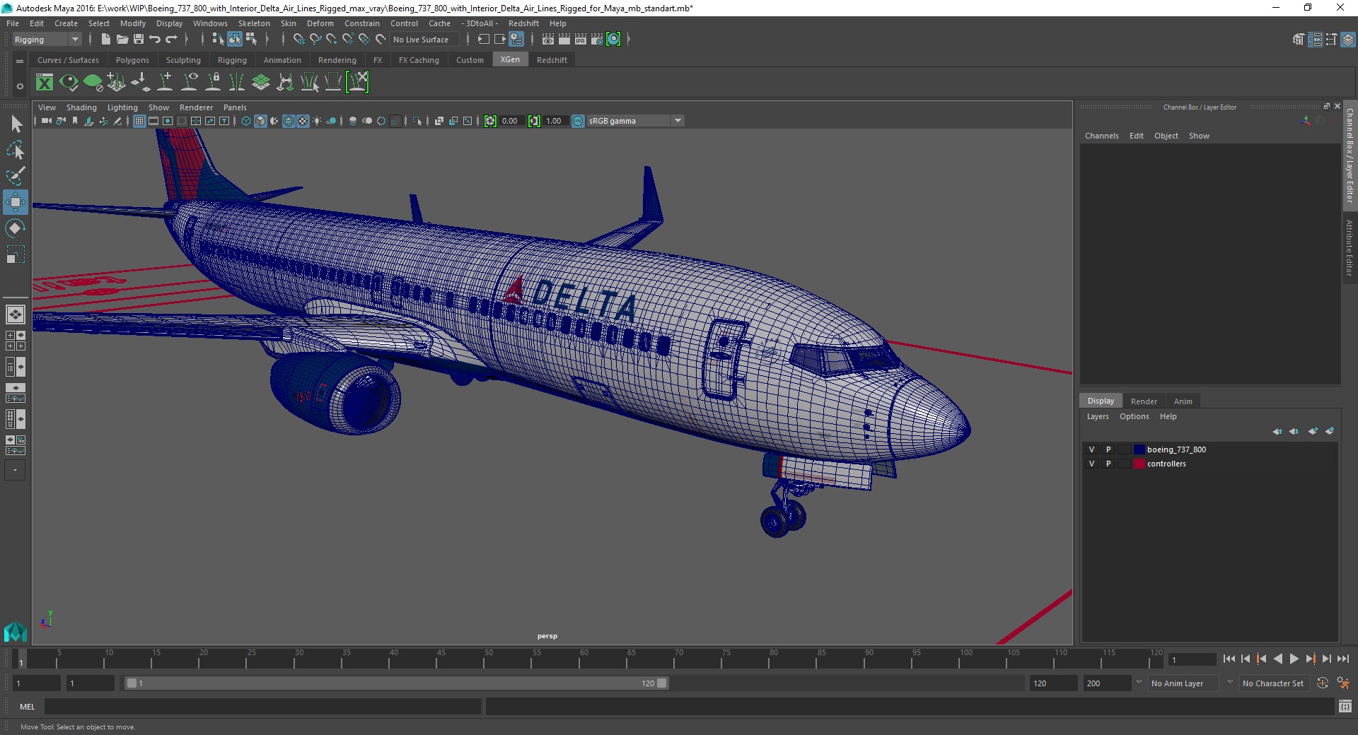 3D model Boeing 737 800 with Interior Delta Air Lines Rigged for Maya