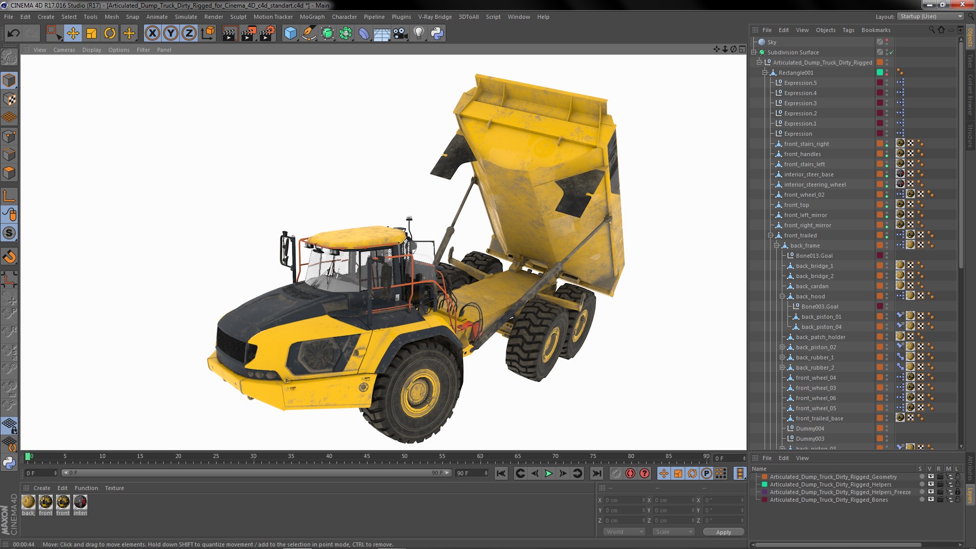 Articulated Dump Truck Dirty Rigged for Cinema 4D 3D model