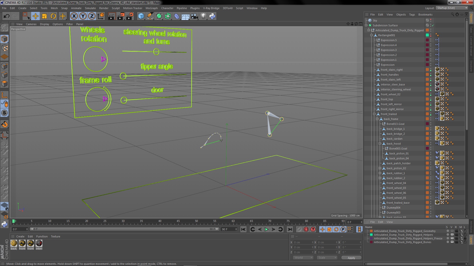 Articulated Dump Truck Dirty Rigged for Cinema 4D 3D model