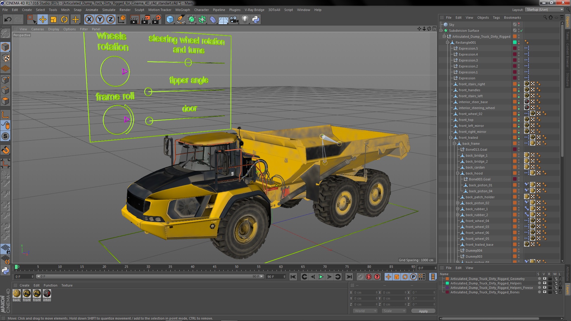 Articulated Dump Truck Dirty Rigged for Cinema 4D 3D model