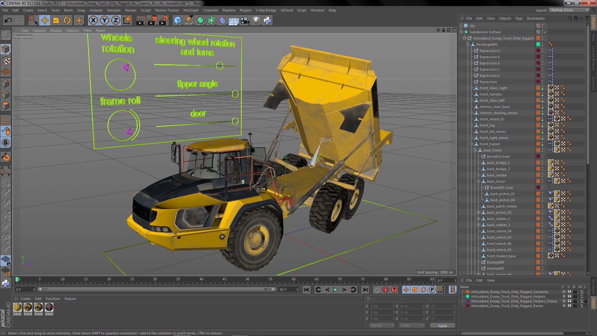 Articulated Dump Truck Dirty Rigged for Cinema 4D 3D model