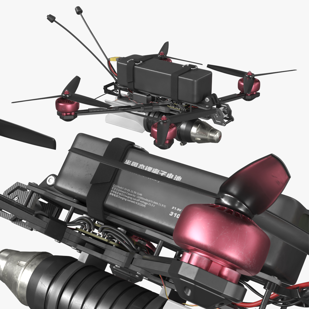 Kamikaze FPV Attack Drone with Rocket Grey 3D model preview