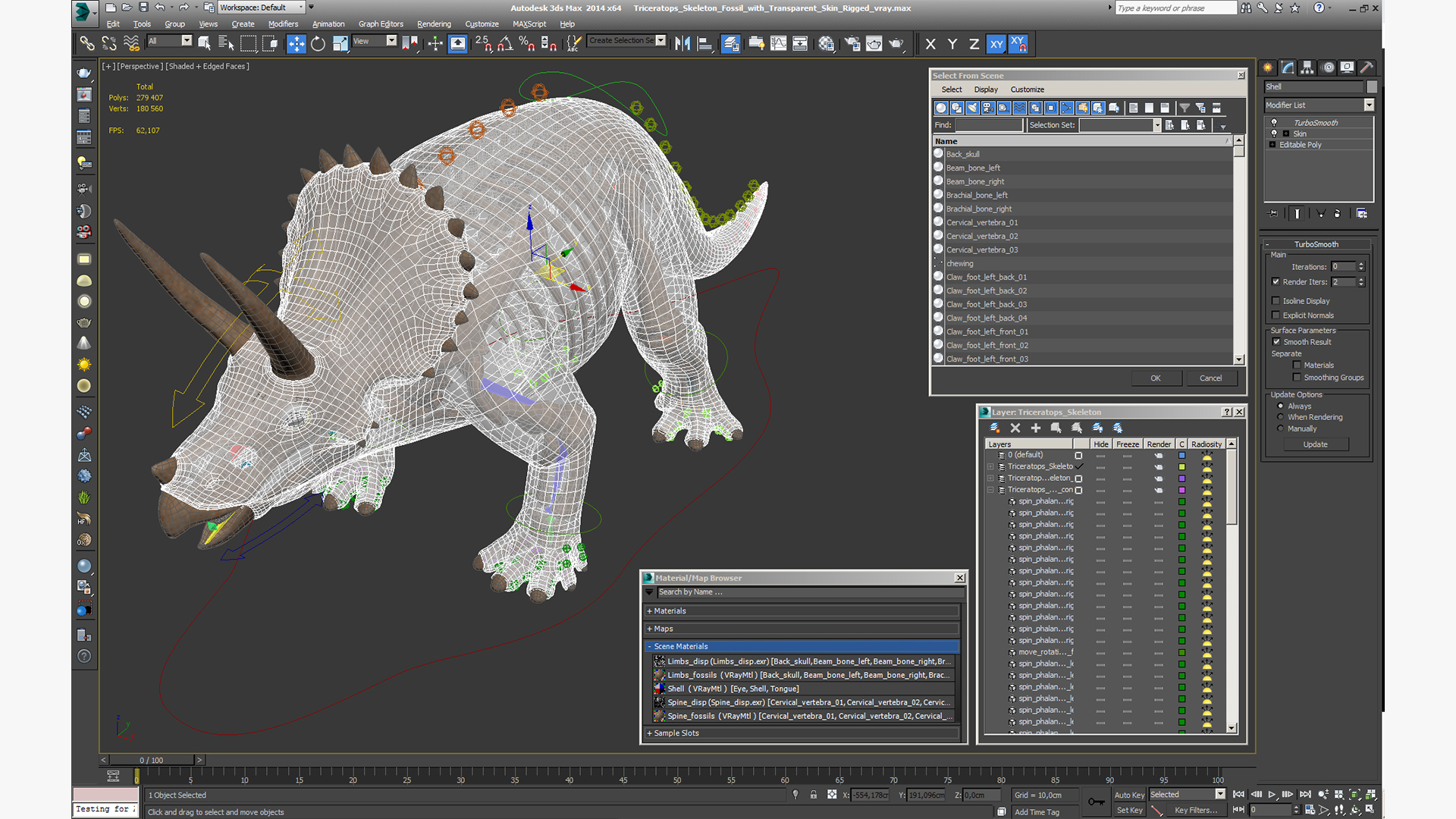 3D Triceratops Skeleton Fossil with Transparent Skin Rigged