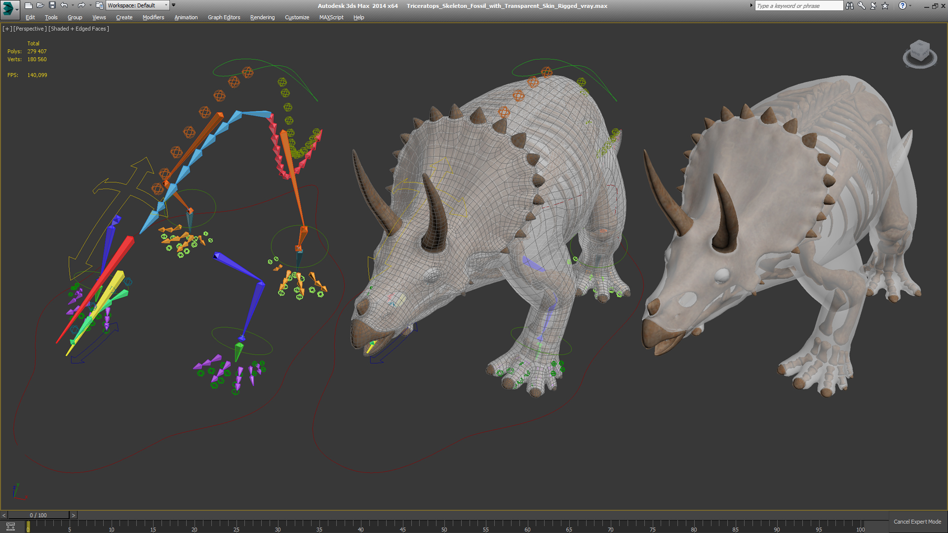 3D Triceratops Skeleton Fossil with Transparent Skin Rigged