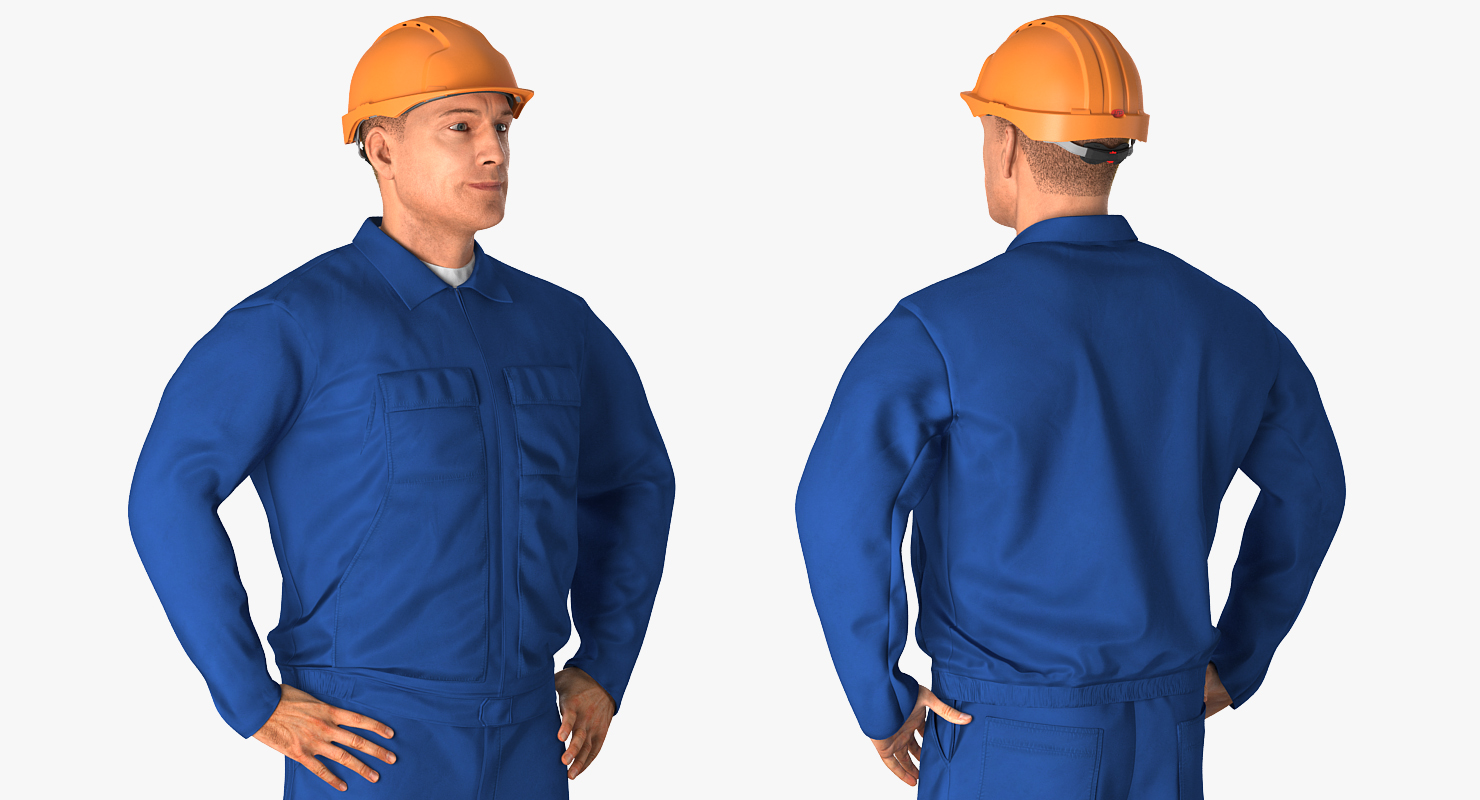 3D model Construction Worker Blue Overalls with Hardhat Standing Pose