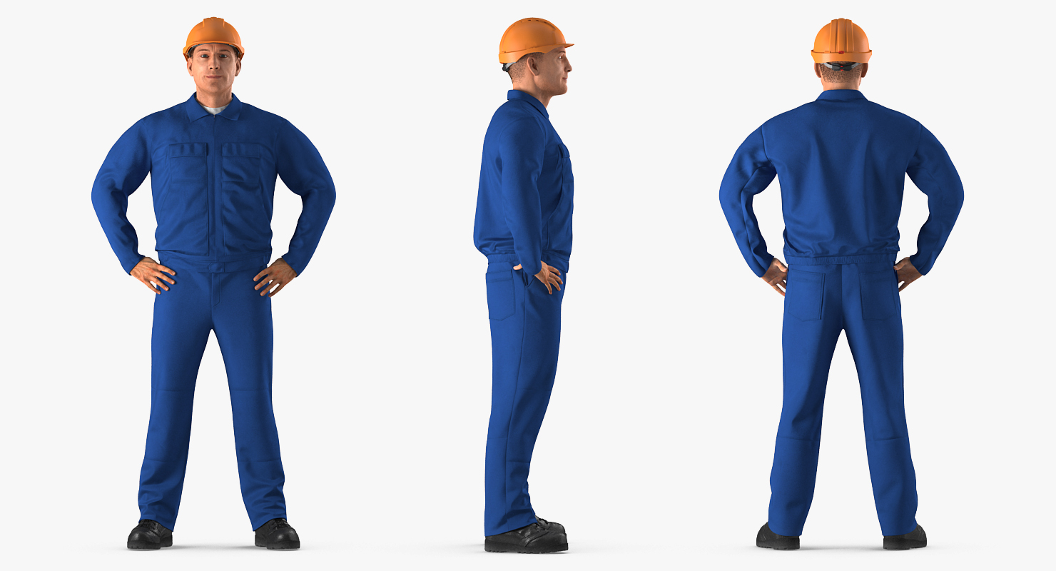 3D model Construction Worker Blue Overalls with Hardhat Standing Pose
