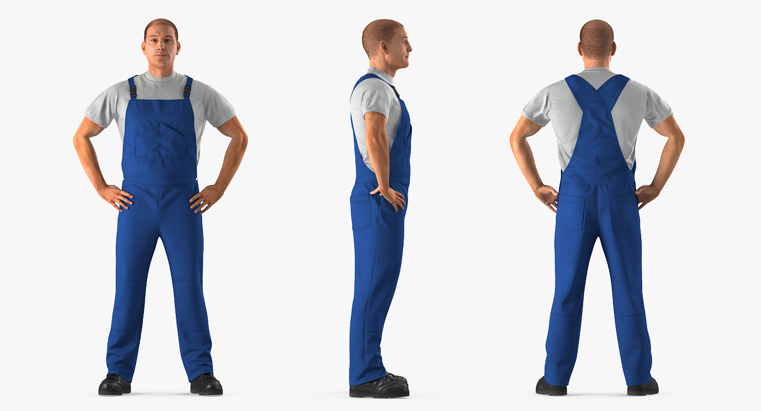3D model Construction Worker Blue Overalls with Hardhat Standing Pose