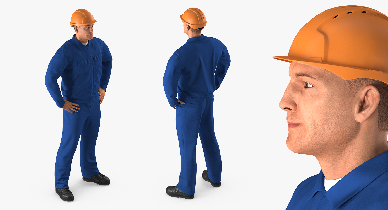 3D model Construction Worker Blue Overalls with Hardhat Standing Pose