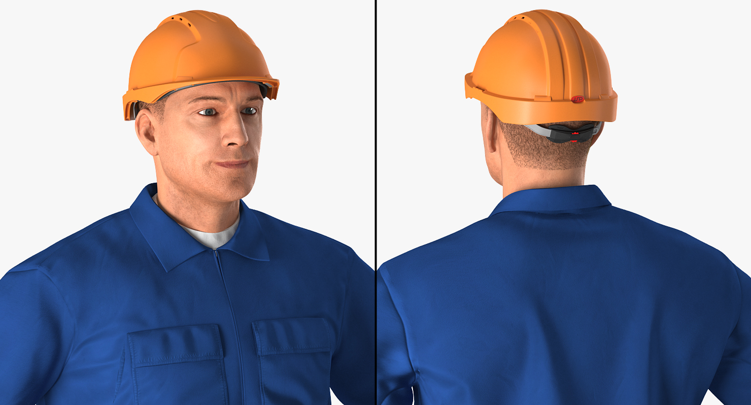 3D model Construction Worker Blue Overalls with Hardhat Standing Pose