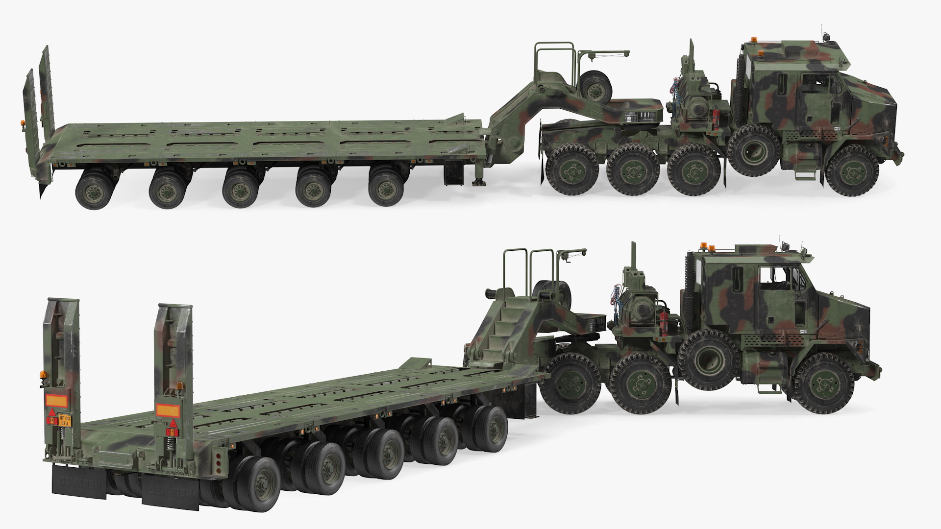3D Oshkosh M1070 Truck Tractor with M1000 HET Semi-Trailer Camo Dirty Rigged model
