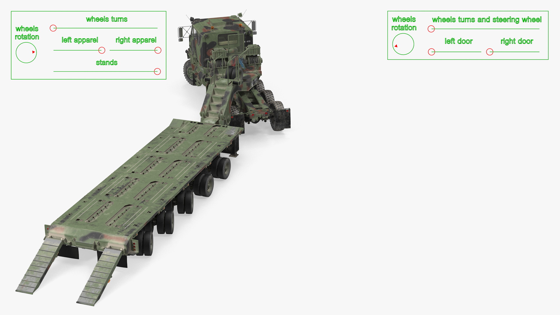 3D Oshkosh M1070 Truck Tractor with M1000 HET Semi-Trailer Camo Dirty Rigged model