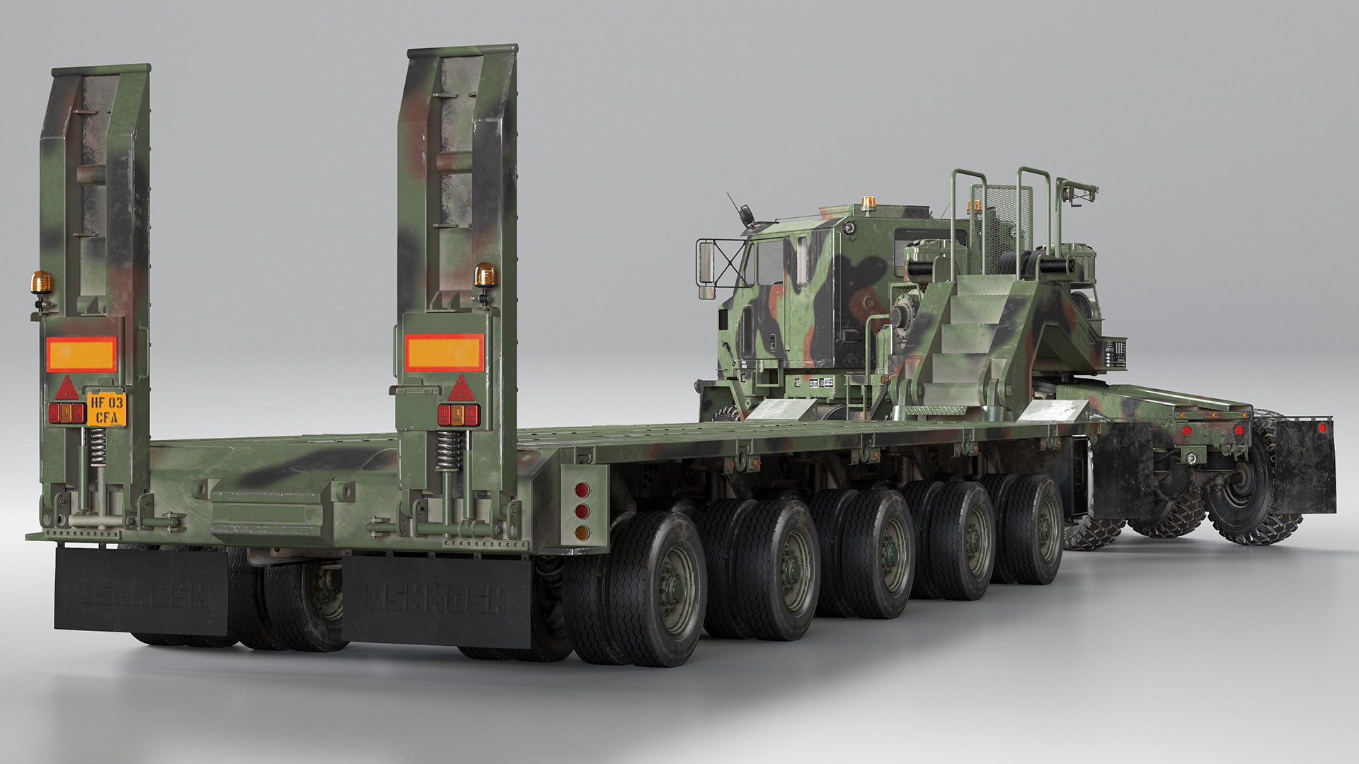 3D Oshkosh M1070 Truck Tractor with M1000 HET Semi-Trailer Camo Dirty Rigged model