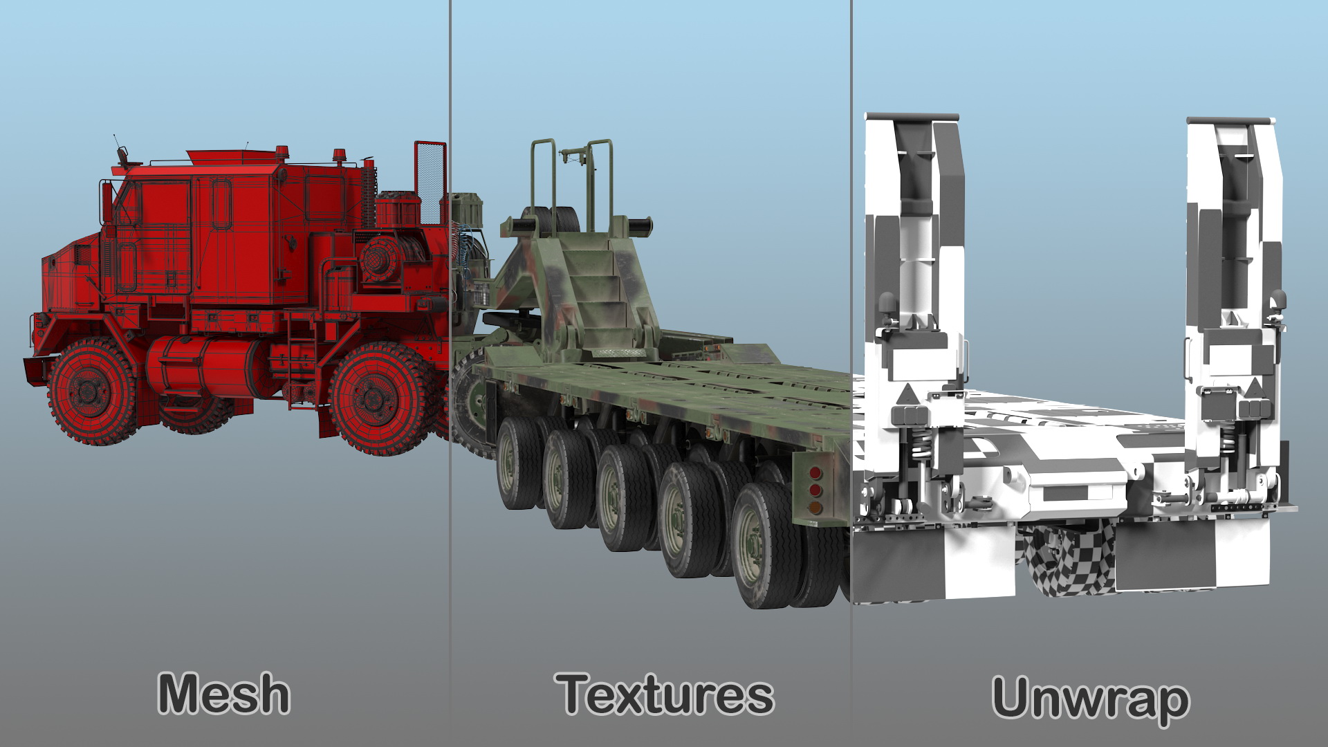 3D Oshkosh M1070 Truck Tractor with M1000 HET Semi-Trailer Camo Dirty Rigged model