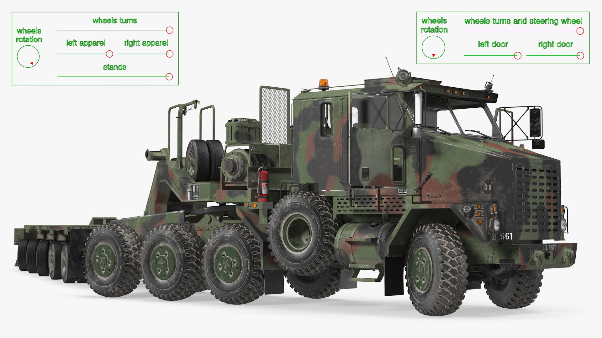 3D Oshkosh M1070 Truck Tractor with M1000 HET Semi-Trailer Camo Dirty Rigged model