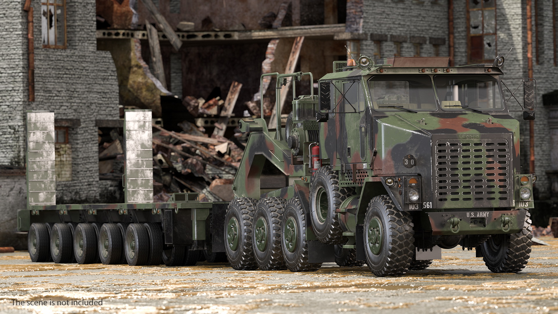 3D Oshkosh M1070 Truck Tractor with M1000 HET Semi-Trailer Camo Dirty Rigged model