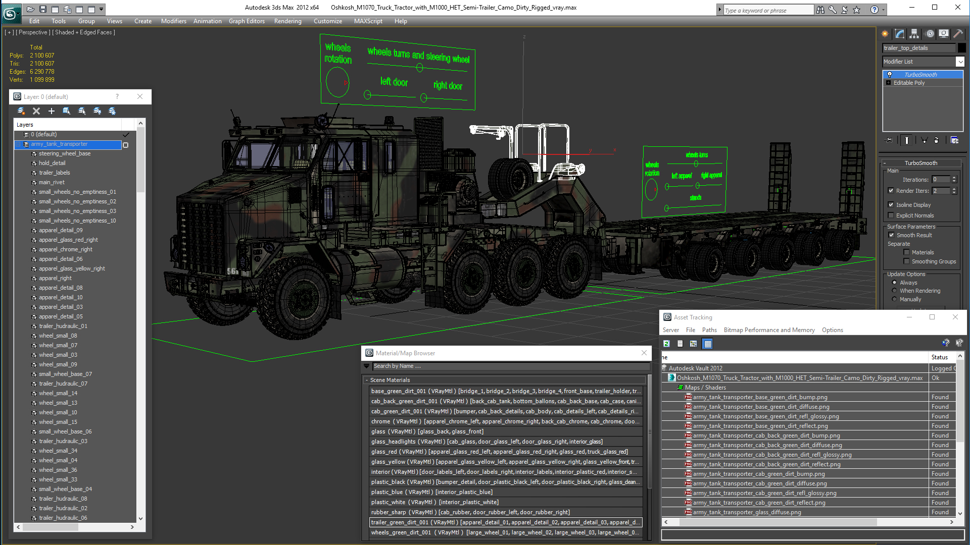 3D Oshkosh M1070 Truck Tractor with M1000 HET Semi-Trailer Camo Dirty Rigged model