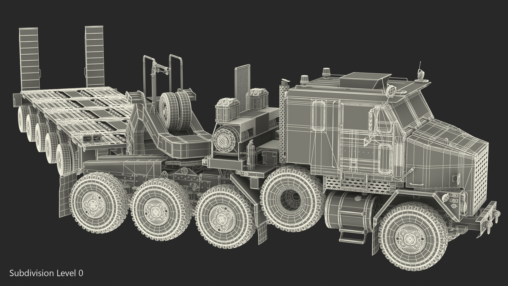 3D Oshkosh M1070 Truck Tractor with M1000 HET Semi-Trailer Camo Dirty Rigged model