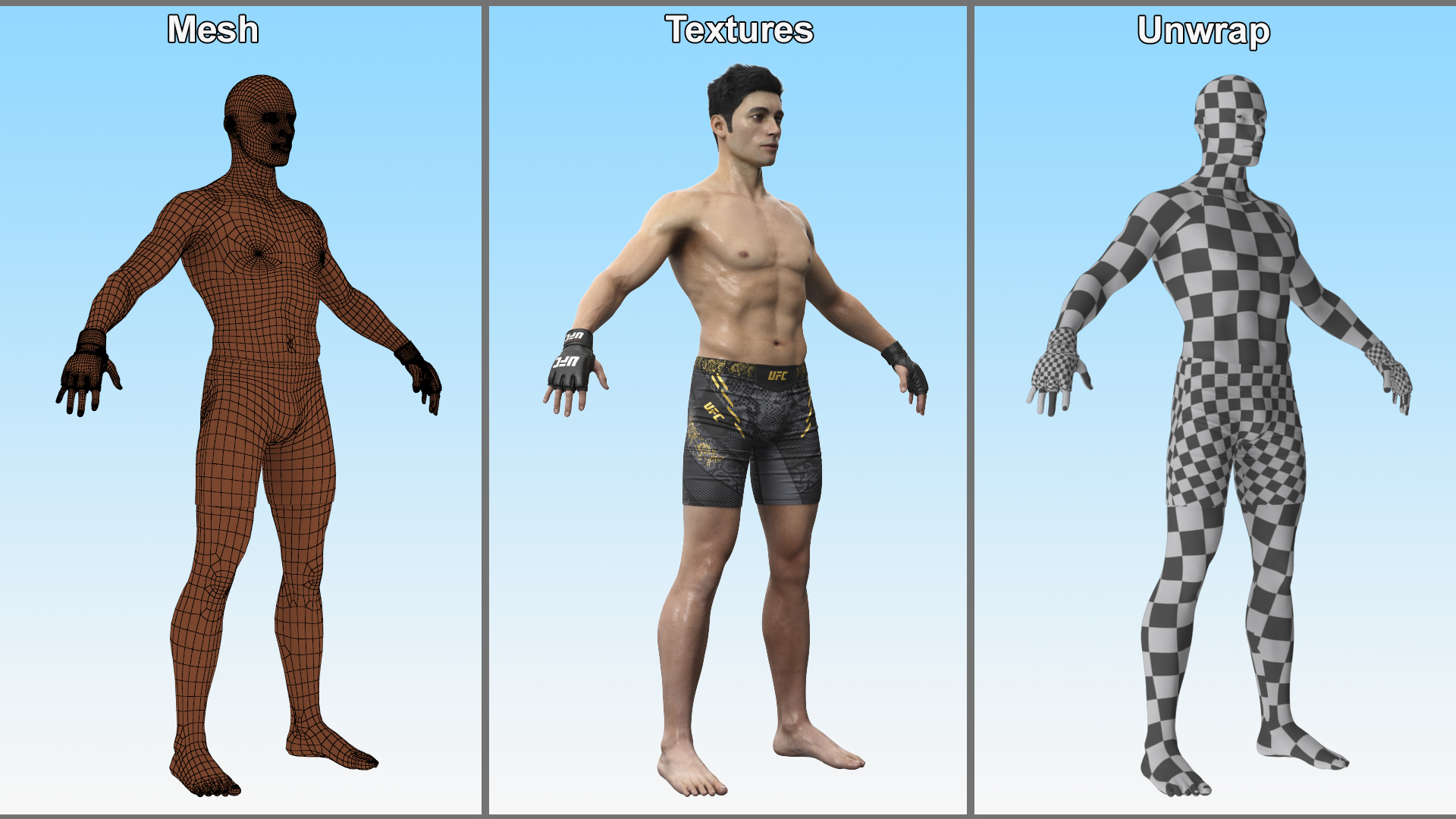 3D UFC MMA Fighter Wet with Sweat A-Pose Fur