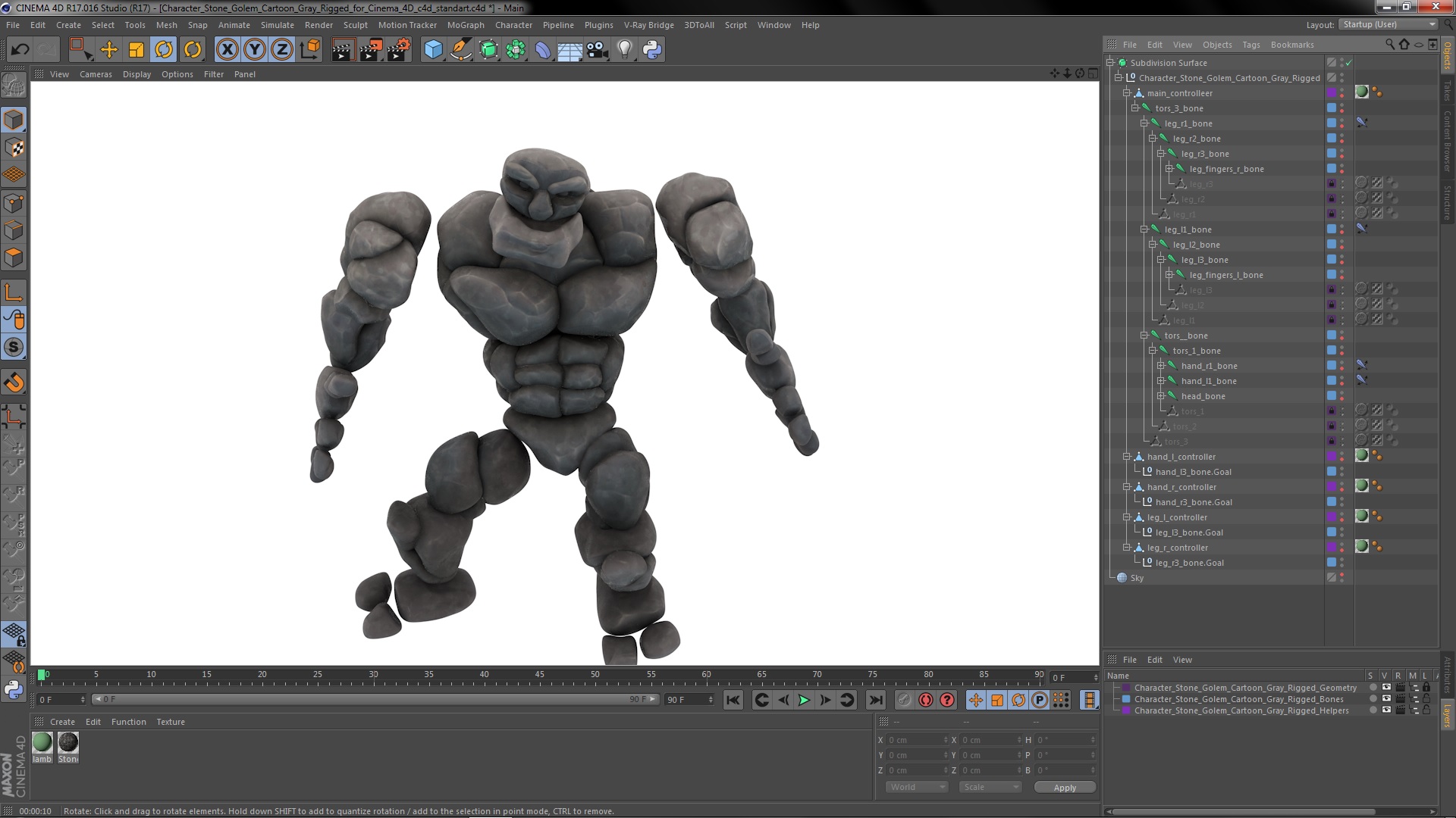 3D model Character Stone Golem Cartoon Gray Rigged for Cinema 4D