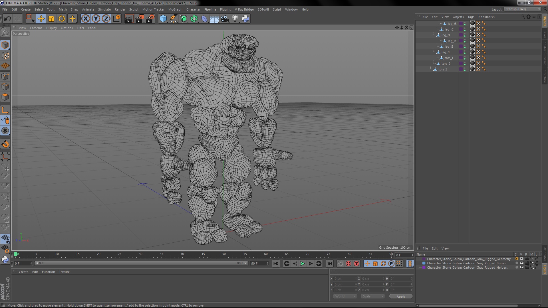 3D model Character Stone Golem Cartoon Gray Rigged for Cinema 4D