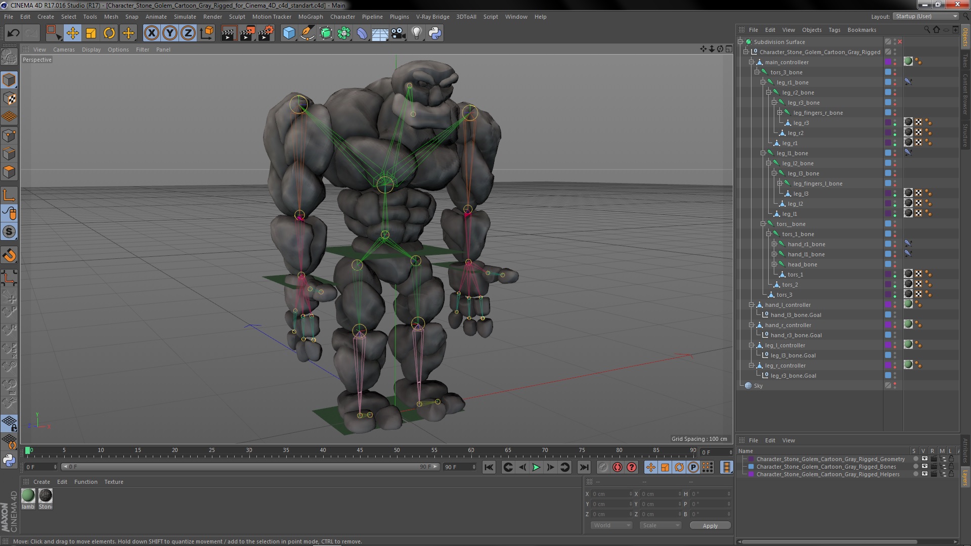 3D model Character Stone Golem Cartoon Gray Rigged for Cinema 4D