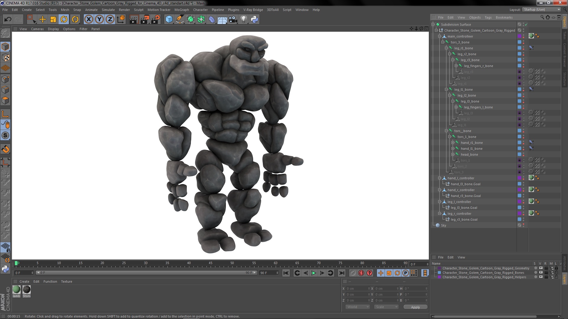 3D model Character Stone Golem Cartoon Gray Rigged for Cinema 4D