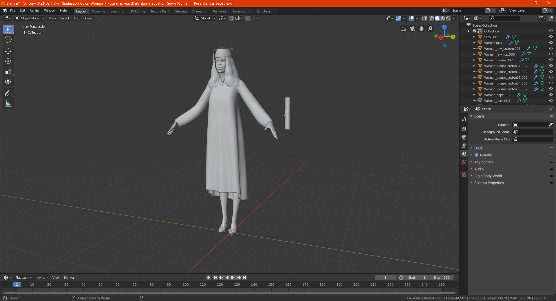 3D Dark Skin Graduation Gown Woman T Pose model