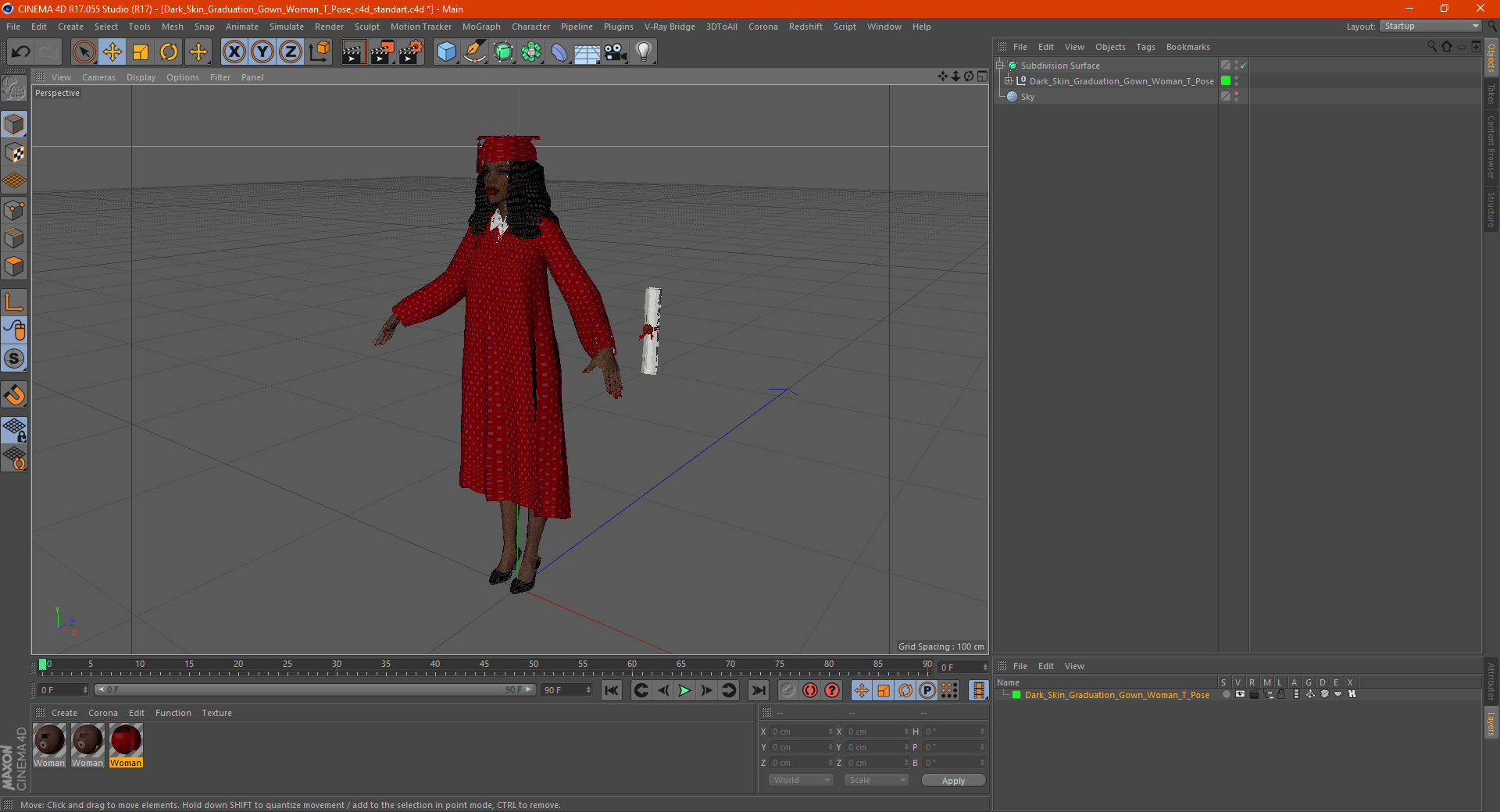 3D Dark Skin Graduation Gown Woman T Pose model