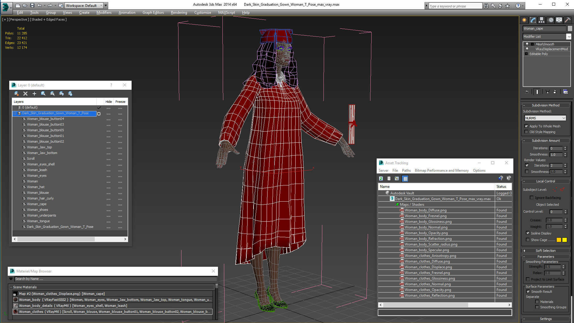 3D Dark Skin Graduation Gown Woman T Pose model
