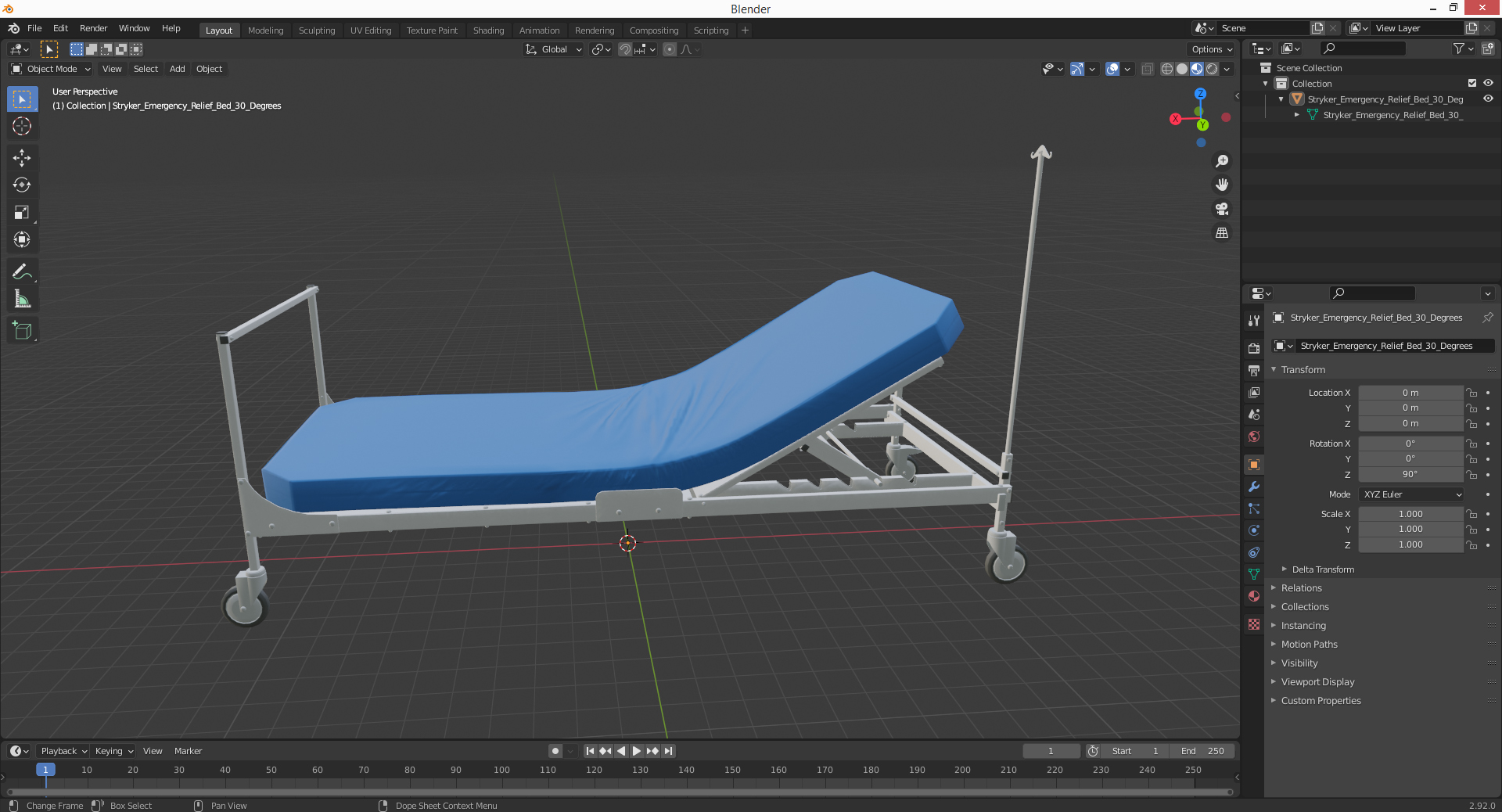 Stryker Emergency Relief Bed 30 Degrees 3D model