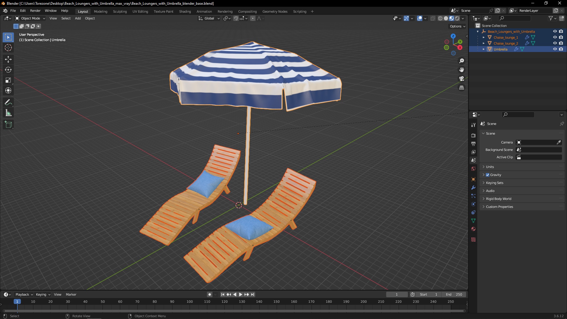 3D Beach Loungers with Umbrella model